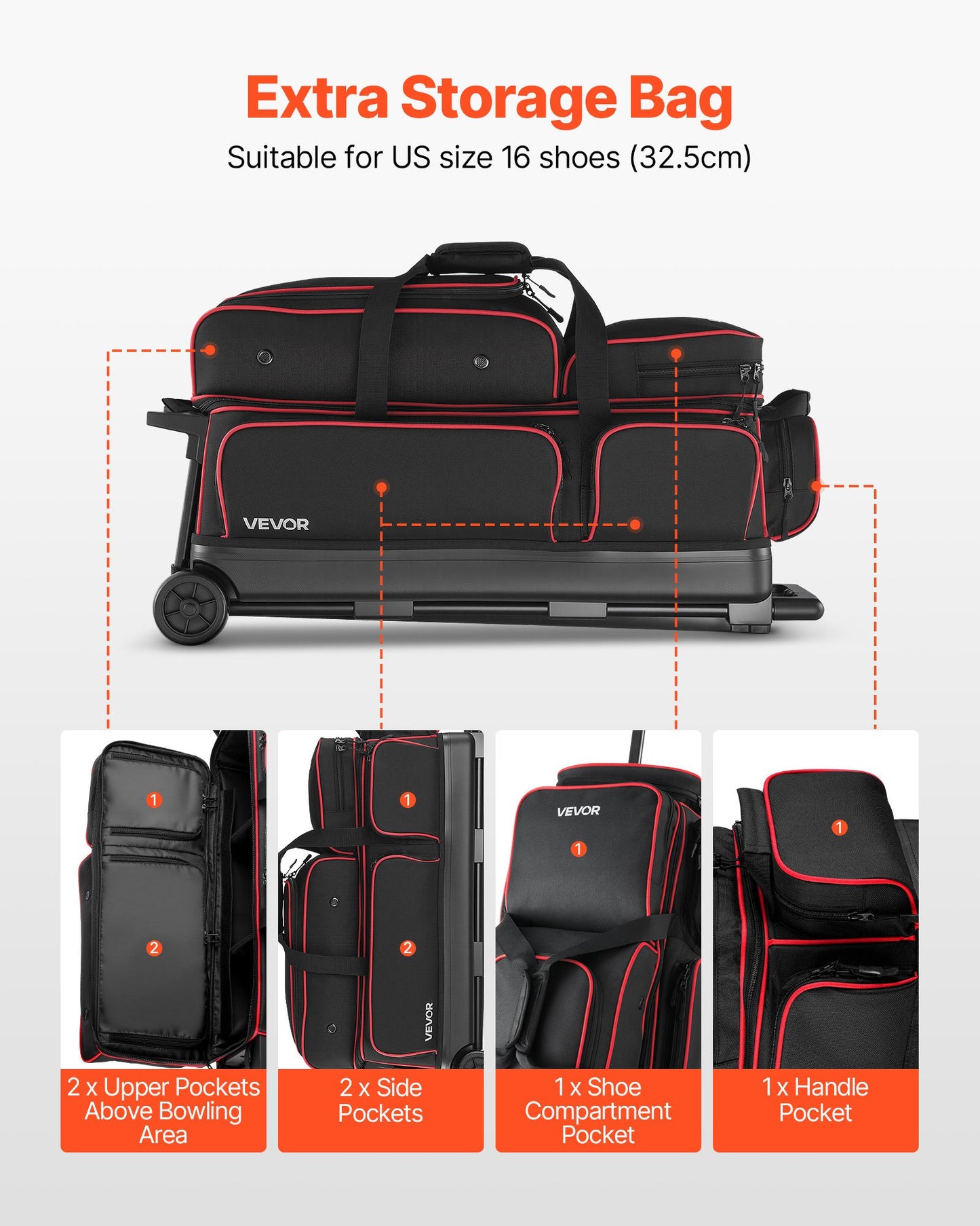 Bowlingväska, bowlingväska för 3 bollar med dubbel hjul, separat fack för skor (upp till US-storlek 16) och extra stor tillbehörsficka, utdragbart handtag som kan förlängas till 1050 mm