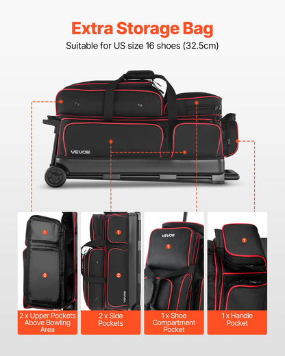 Bowlingväska, bowlingväska för 3 bollar med dubbel hjul, separat fack för skor (upp till US-storlek 16) och extra stor tillbehörsficka, utdragbart handtag som kan förlängas till 1050 mm