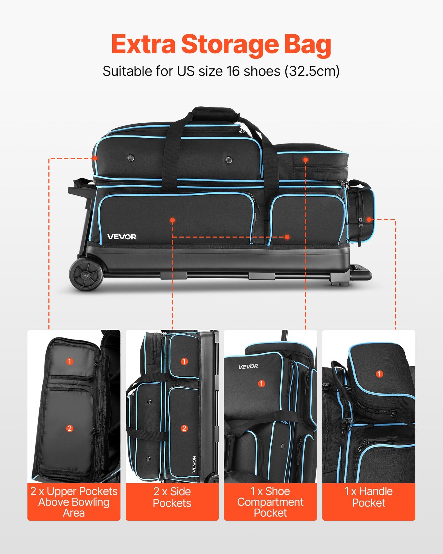 Bowling Ball Bag, 3 Ball Double Roller Bowling Bag with Wheels, Featuring a Separate Compartment for Shoes (Up To US Size 16) & Oversized Accessory Pocket, Retractable Handle Extends to 1050 mm