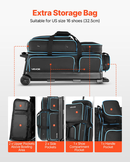 Bowling Ball Bag, 3 Ball Double Roller Bowling Bag with Wheels, Featuring a Separate Compartment for Shoes (Up To US Size 16) & Oversized Accessory Pocket, Retractable Handle Extends to 1050 mm