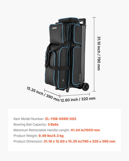 Bowling Ball Bag, 3 Ball Double Roller Bowling Bag with Wheels, Featuring a Separate Compartment for Shoes (Up To US Size 16) & Oversized Accessory Pocket, Retractable Handle Extends to 1050 mm