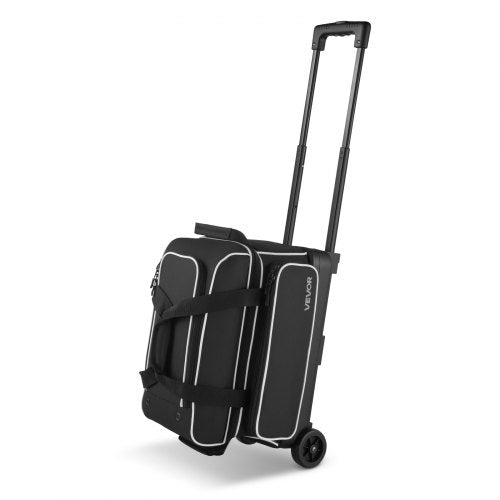 Bowlingväska, bowlingväska för 2 bollar med dubbla hjul, separat fack för skor (upp till US-storlek 16) och extra stor tillbehörsficka, utdragbart handtag som kan förlängas till 1050 mm