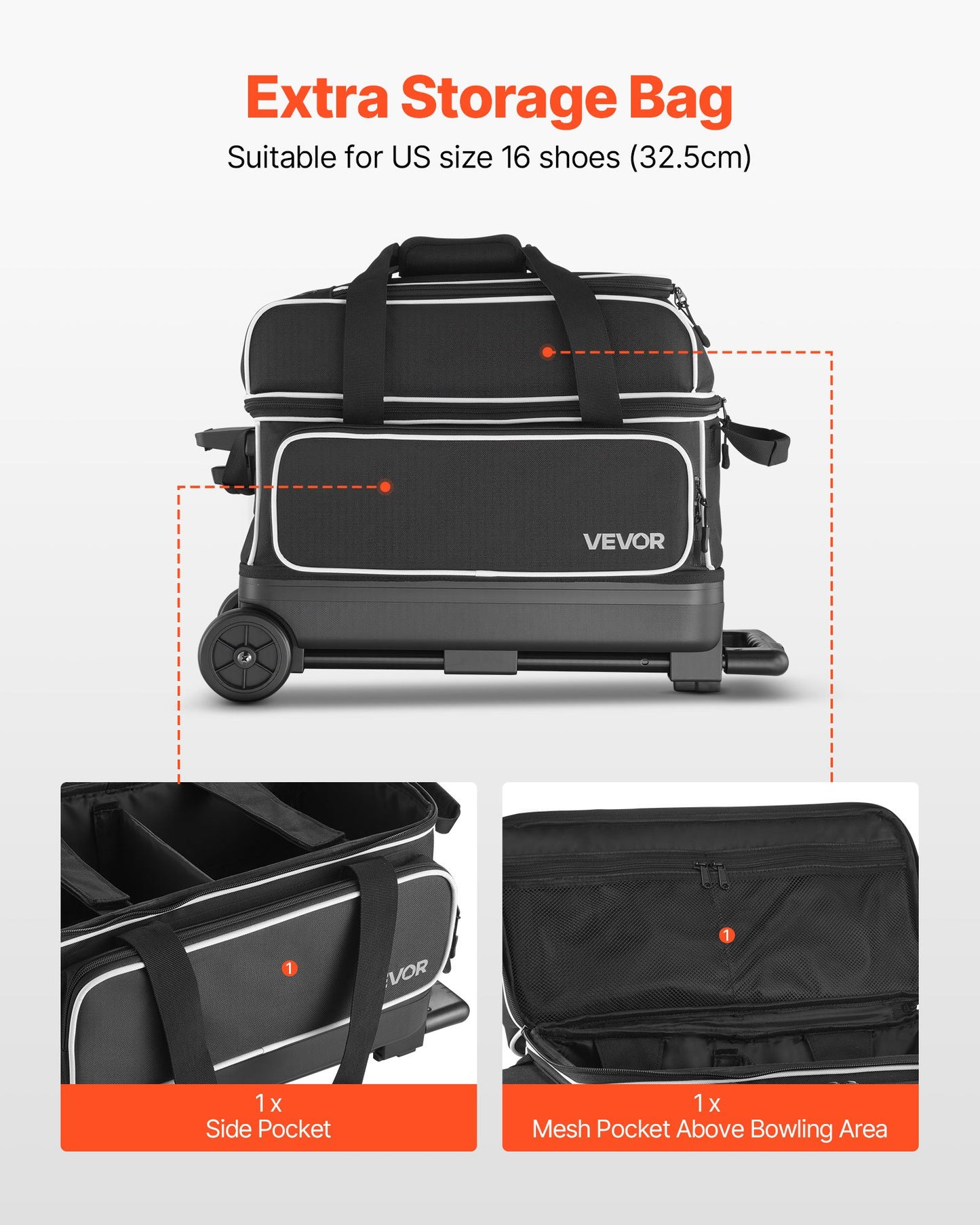 Bowling Ball Bag, 2 Ball Double Roller Bowling Bag with Wheels, Featuring a Separate Compartment for Shoes (Up To US Size 16) & Oversized Accessory Pocket, Retractable Handle Extends to 1050 mm