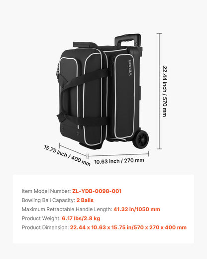 Bowling Ball Bag, 2 Ball Double Roller Bowling Bag with Wheels, Featuring a Separate Compartment for Shoes (Up To US Size 16) & Oversized Accessory Pocket, Retractable Handle Extends to 1050 mm