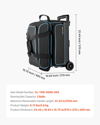 Bowling Ball Bag, 2 Ball Double Roller Bowling Bag with Wheels, Featuring a Separate Compartment for Shoes (Up To US Size 16) & Oversized Accessory Pocket, Retractable Handle Extends to 1050 mm