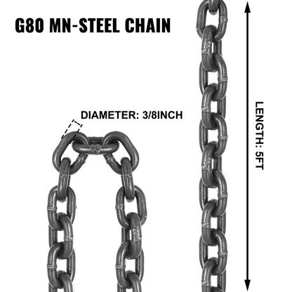5FT Chain Sling 0.375In x 5Ft Double Leg with Grab Hooks Sling Chain 4T Capacity Double Leg Chain Sling Grade80(0.375In x 5Ft Double Leg Sling)