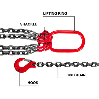 Chain Sling, 5/16 inch x 3.3 ft Lifting Chains with Hooks, G80 Engine Chain Hoist Lifts, 11000 lbs/5 Ton Capacity Lifting Sling Chains for Engine Hoist, Engine Lift Chain with 4 Leg Grab Hooks