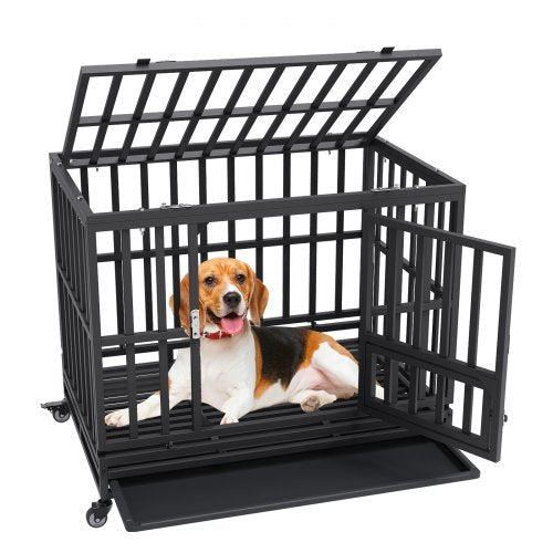 38 Inch Heavy Duty Dog Crate, Indestructible Dog Crate, 3-Door Heavy Duty Dog Kennel for Medium to Large Dogs with Lockable Wheels and Removable Tray, High Anxiety Dog Crate for Indoor & Outdoor