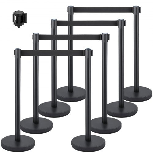 Crowd Control Stanchion, 8 Pieces Stanchion Set, with 6.6 ft/2 m Black Retractable Belt, Black Crowd Control Barrier with Concrete and Metal Base, Easy Connect Assembly