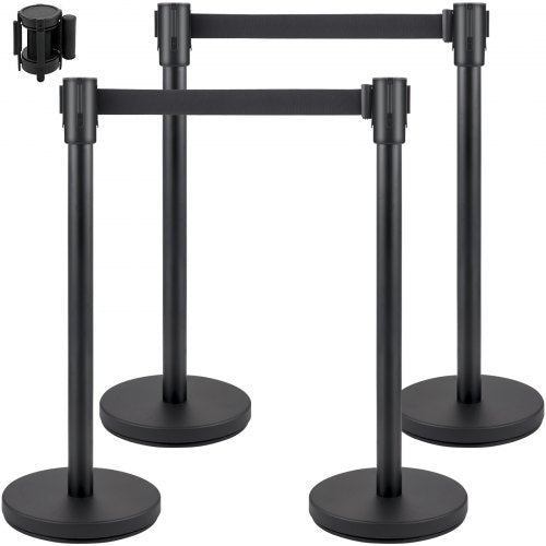 Crowd Control Stanchion, Set of 4 Pieces Stanchion Set, Stanchion Set with 6.6 ft/2 m Black Retractable Belt, Black Crowd Control Barrier with Concrete and Metal Base - Easy Connect Assembly