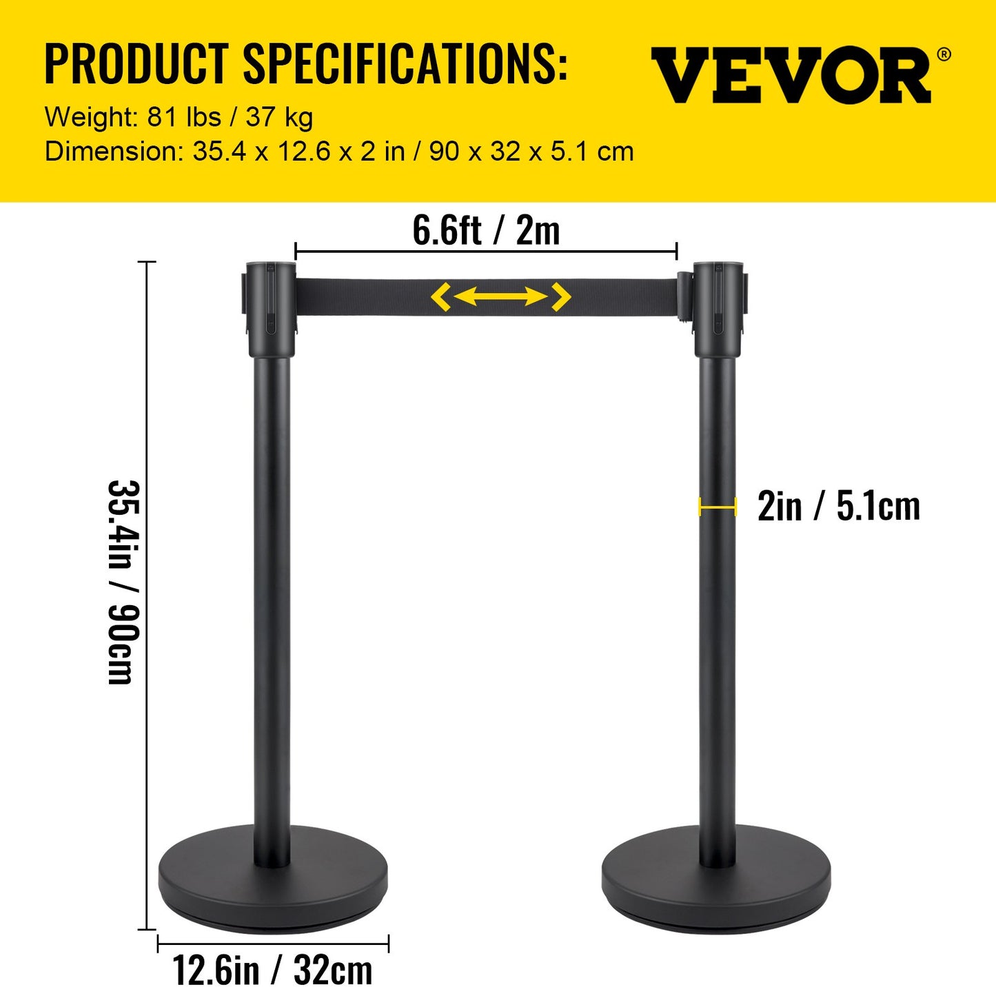 Crowd Control Stanchion, Set of 6 Pieces Stanchion Set, Stanchion Set with 6.6 ft/2 m Black Retractable Belt, Black Crowd Control Barrier with Concrete and Metal Base - Easy Connect Assembly