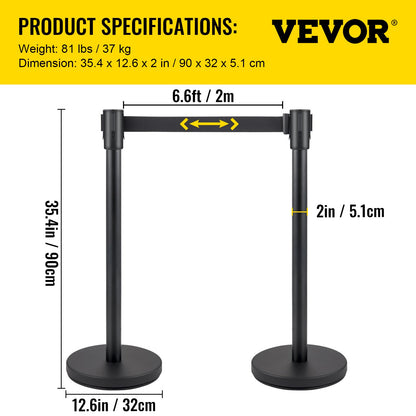 Crowd Control Stanchion, Set of 6 Pieces Stanchion Set, Stanchion Set with 6.6 ft/2 m Black Retractable Belt, Black Crowd Control Barrier with Concrete and Metal Base - Easy Connect Assembly