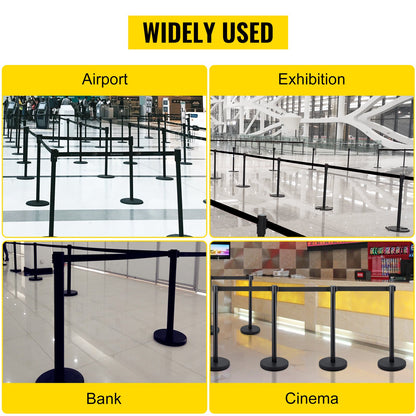 Crowd Control Stanchion, Set of 4 Pieces Stanchion Set, Stanchion Set with 6.6 ft/2 m Black Retractable Belt, Black Crowd Control Barrier with Concrete and Metal Base – Easy Connect Assembly