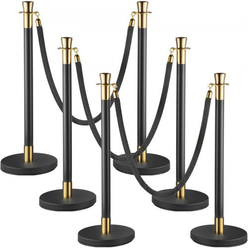 Crowd Control Stanchion, Set of 6 Pieces Stanchion Set, Stanchion Set with 5 ft/1.5 m Black Velvet Rope, Black Crowd Control Barrier with Sturdy Concrete and Metal Base – Easy Connect Assembly