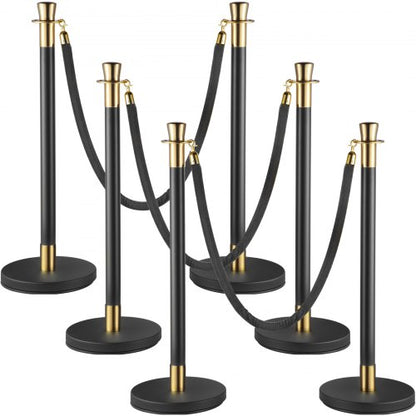 Crowd Control Stanchion, Set of 6 Pieces Stanchion Set, Stanchion Set with 5 ft/1.5 m Black Velvet Rope, Black Crowd Control Barrier with Sturdy Concrete and Metal Base – Easy Connect Assembly