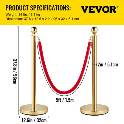 Set of 2 Gold Round Top Queue Control Barrier Posts Stands Security Stanchion Rope Divider Stainless Steel with 1.5M Red 3 Velvet Rope 4 Pack