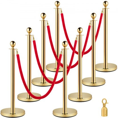 Crowd Control Stanchion, Set of 8 Pieces Stanchion Set, Stanchion Set with 5 ft/1.5 m Red Velvet Rope, Gold Crowd Control Barrier with Sturdy Concrete and Metal Base – Easy Connect Assembly
