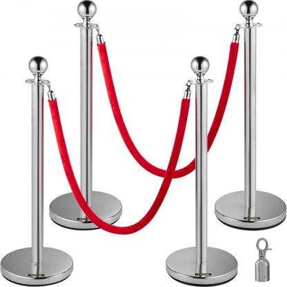 Retractable Silver Round Top Queue Control Barrier Posts Stands Security Stanchion Rope Divider with 1.5M Red Rope Crowd Control Barrier Silver Round top Column