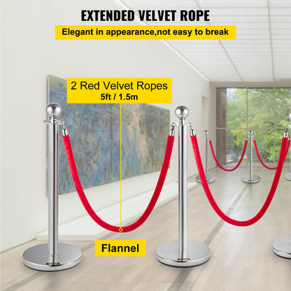 Retractable Silver Round Top Queue Control Barrier Posts Stands Security Stanchion Rope Divider with 1.5M Red Rope Crowd Control Barrier Silver Round top Column