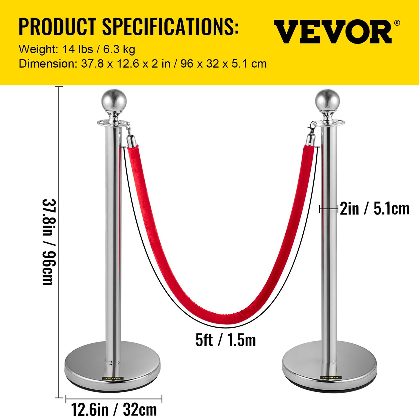 Retractable Silver Round Top Queue Control Barrier Posts Stands Security Stanchion Rope Divider with 1.5M Red Rope Crowd Control Barrier Silver Round top Column