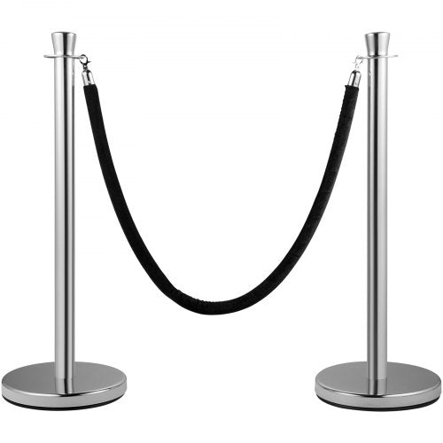 Crowd Control Stanchion, Set of 2 Pieces Stanchion Set, Stanchion Set with 5 ft/1.5 m Black Velvet Rope, Silver Crowd Control Barrier with Sturdy Concrete and Metal Base - Easy Connect Assembly
