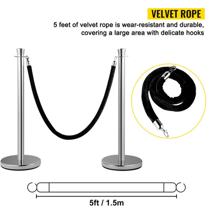 Crowd Control Stanchion, Set of 2 Pieces Stanchion Set, Stanchion Set with 5 ft/1.5 m Black Velvet Rope, Silver Crowd Control Barrier with Sturdy Concrete and Metal Base - Easy Connect Assembly