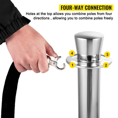 Crowd Control Stanchion, Set of 2 Pieces Stanchion Set, Stanchion Set with 5 ft/1.5 m Black Velvet Rope, Silver Crowd Control Barrier with Sturdy Concrete and Metal Base - Easy Connect Assembly