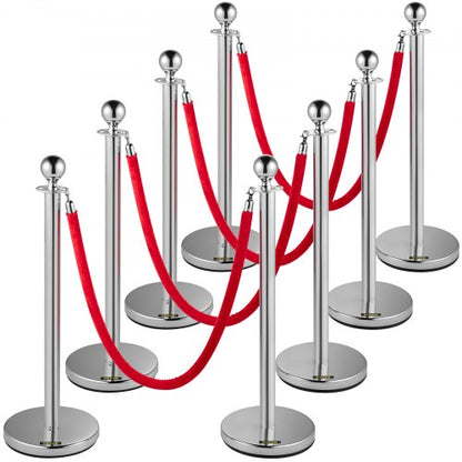 Crowd Control Stanchion, Set of 8 Pieces Stanchion Set, Stanchion Set with 5 ft/1.5 m Red Velvet Rope, Silver Crowd Control Barrier with Sturdy Concrete and Metal Base – Easy Connect Assembly