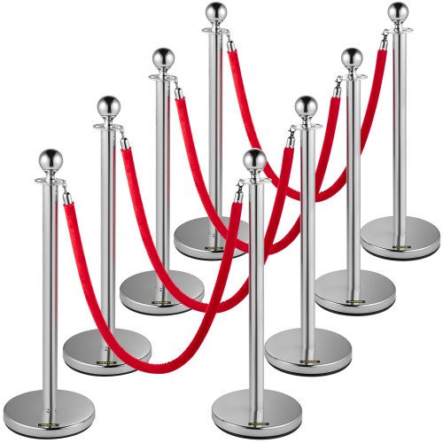 Crowd Control Stanchion, Set of 8 Pieces Stanchion Set, Stanchion Set with 5 ft/1.5 m Red Velvet Rope, Silver Crowd Control Barrier with Sturdy Concrete and Metal Base – Easy Connect Assembly