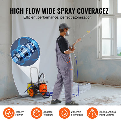 Diaphragm Airless Paint Sprayer, 1100 W Efficiency Cart Airless Paint Sprayer, 2000 psi High Pressure Paint Airless Sprayer, with Extension Bar, for Home Interior and Exterior Spraying
