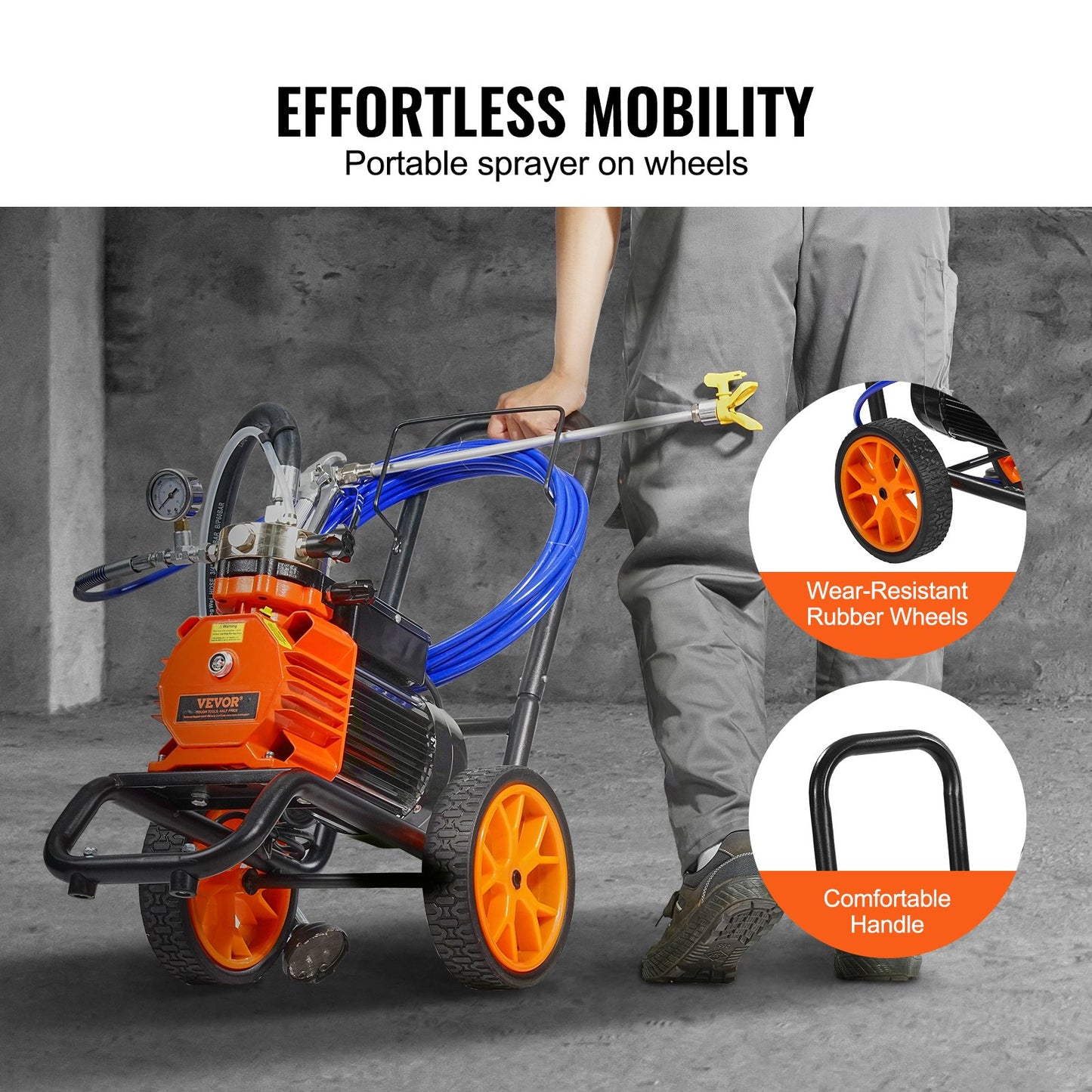 Diaphragm Airless Paint Sprayer, 1100 W Efficiency Cart Airless Paint Sprayer, 2000 psi High Pressure Paint Airless Sprayer, with Extension Bar, for Home Interior and Exterior Spraying