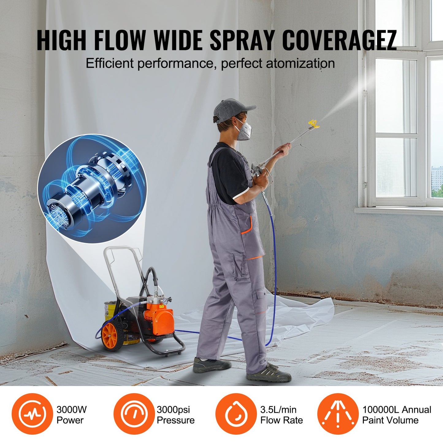 Diaphragm Airless Paint Sprayer, 1700 W Efficiency Cart Airless Paint Sprayer, 3000 psi High Pressure Paint Airless Sprayer, with Extension Bar, for Home Interior and Exterior Spraying