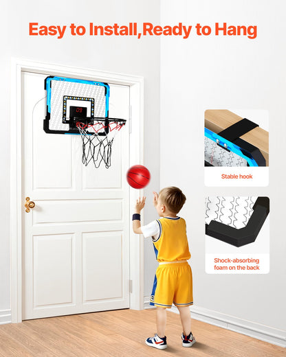 Kids Basketball Hoop, Mini Basketball Goal with Electronic Scoreboard, Over The Door Basketball Hoop with Scoring & Music Accompaniment Functions, LED Light, Indoor Basketball Hoop for Kids 3+