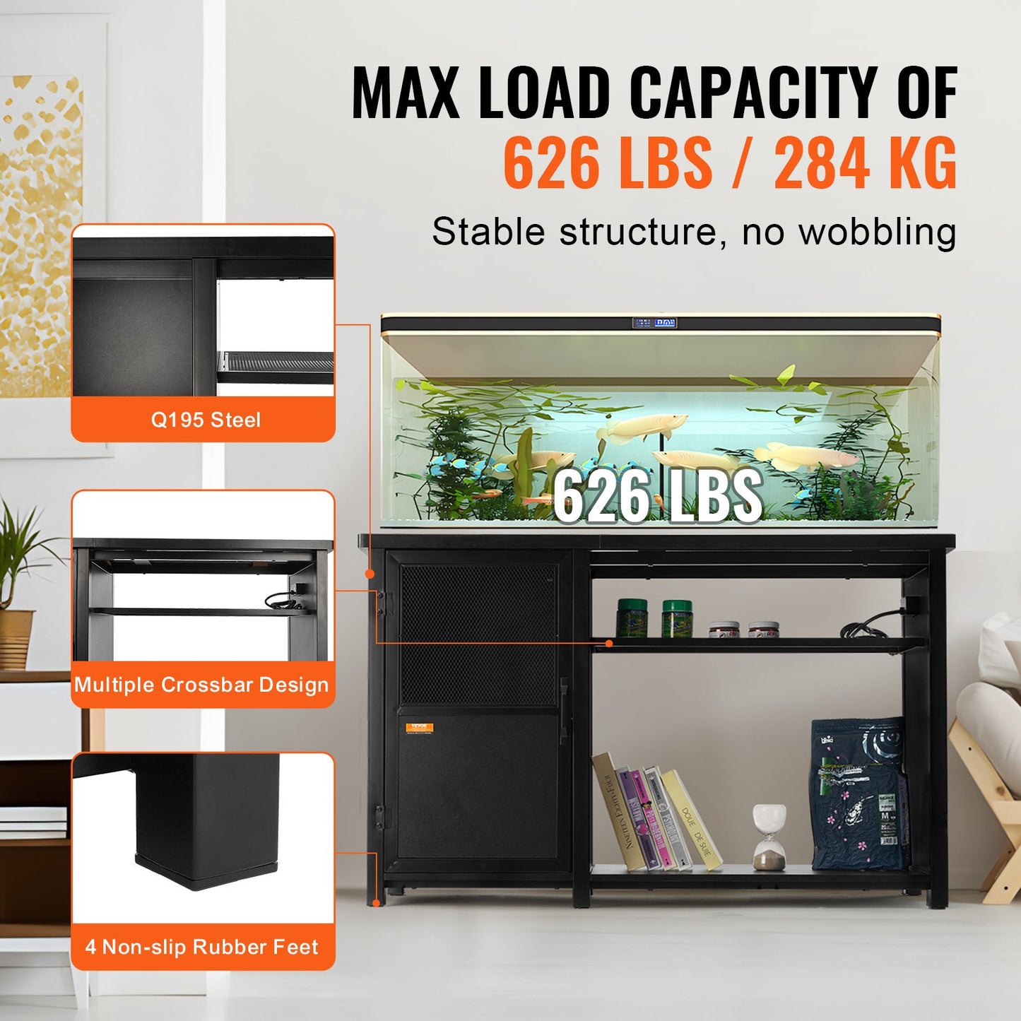 Akvariestativ, 240 liters akvariestativ, 132 x 59 x 81 cm stål- och MDF-sköldpaddsstativ, 280 kg lastkapacitet, reptilakvariestativ med förvaringsskåp och inbyggd strömpanel, svart