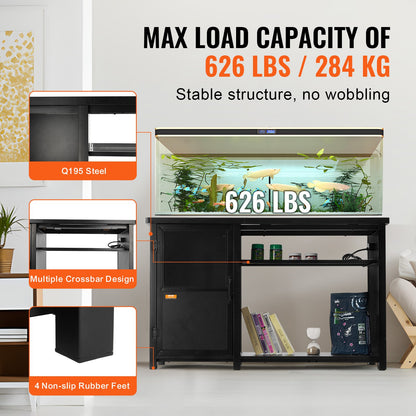 Akvariestativ, 240 liters akvariestativ, 132 x 59 x 81 cm stål- och MDF-sköldpaddsstativ, 280 kg lastkapacitet, reptilakvariestativ med förvaringsskåp och inbyggd strömpanel, svart