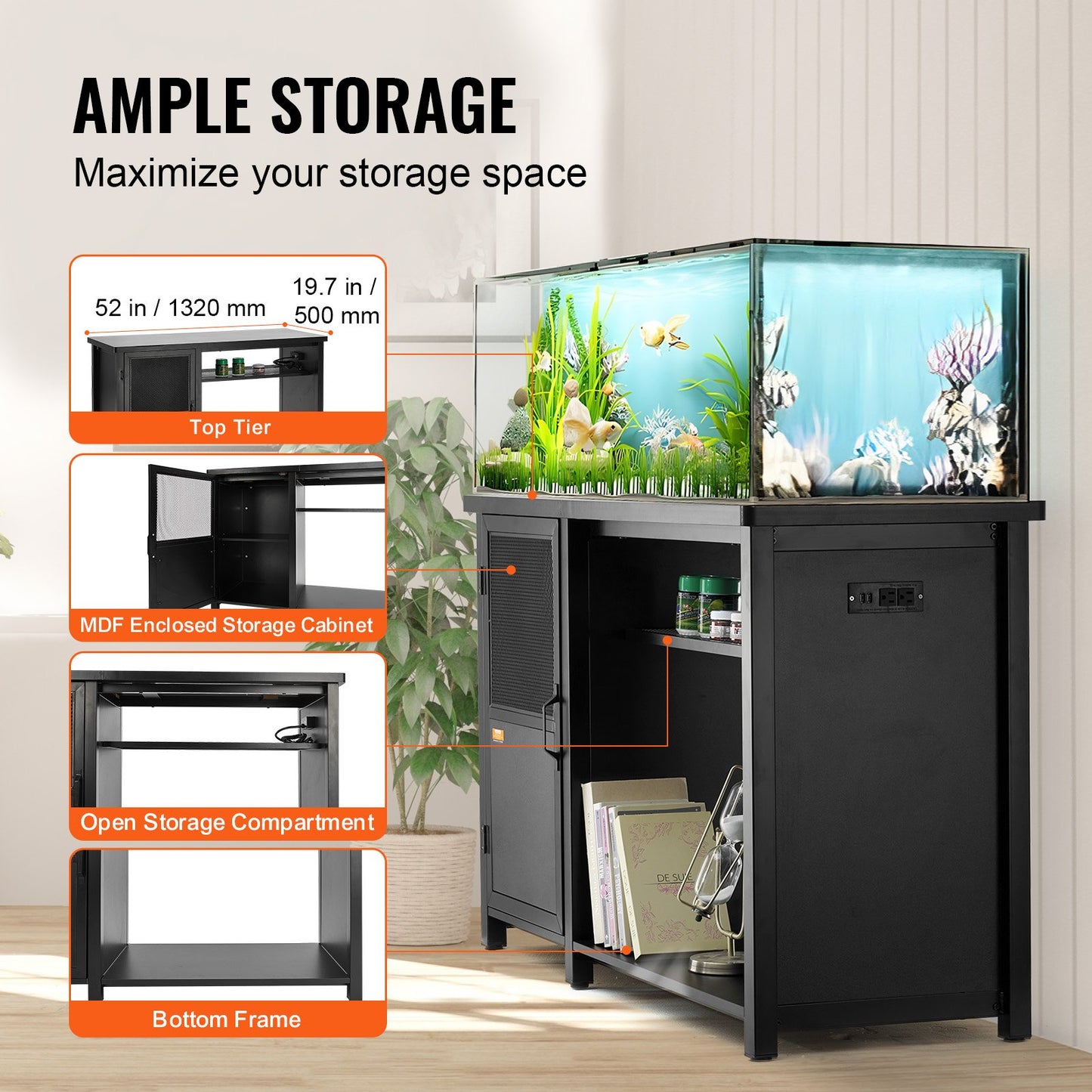 Akvariestativ, 240 liters akvariestativ, 132 x 59 x 81 cm stål- och MDF-sköldpaddsstativ, 280 kg lastkapacitet, reptilakvariestativ med förvaringsskåp och inbyggd strömpanel, svart
