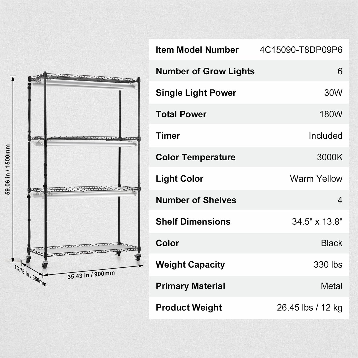 Plant Stand with Grow Light, 4 Tiers, 180W Indoor Grow Light Shelf 3 Spectrum Lights Modes Metal Plant Shelf with Timer Garden Plant Grow Rack for Seed Starting 35.4" L x 13.8" W x 59.1" H