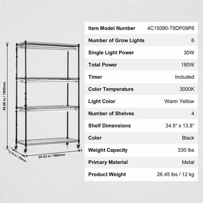 Plant Stand with Grow Light, 4 Tiers, 180W Indoor Grow Light Shelf 3 Spectrum Lights Modes Metal Plant Shelf with Timer Garden Plant Grow Rack for Seed Starting 35.4" L x 13.8" W x 59.1" H