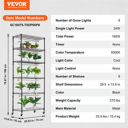 Plant Stand with Grow Light, 6 Tiers, 192W DIY Metal Plant Shelf with Grow Lamp, Indoor Grow Light Shelf with Adjustable Rack & Wheels for Seed Starting Germination 29.5" L x 13.8" W x 70.9" H