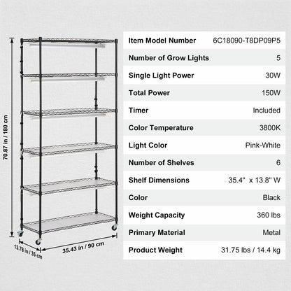 Plant Stand with Grow Light, 6 Tiers, 150W Indoor Grow Light Shelf 3 Spectrum Lights Modes Metal Plant Shelf with Timer Garden Plant Grow Rack for Seed Starting 35.4" L x 13.8" W x 70.9" H