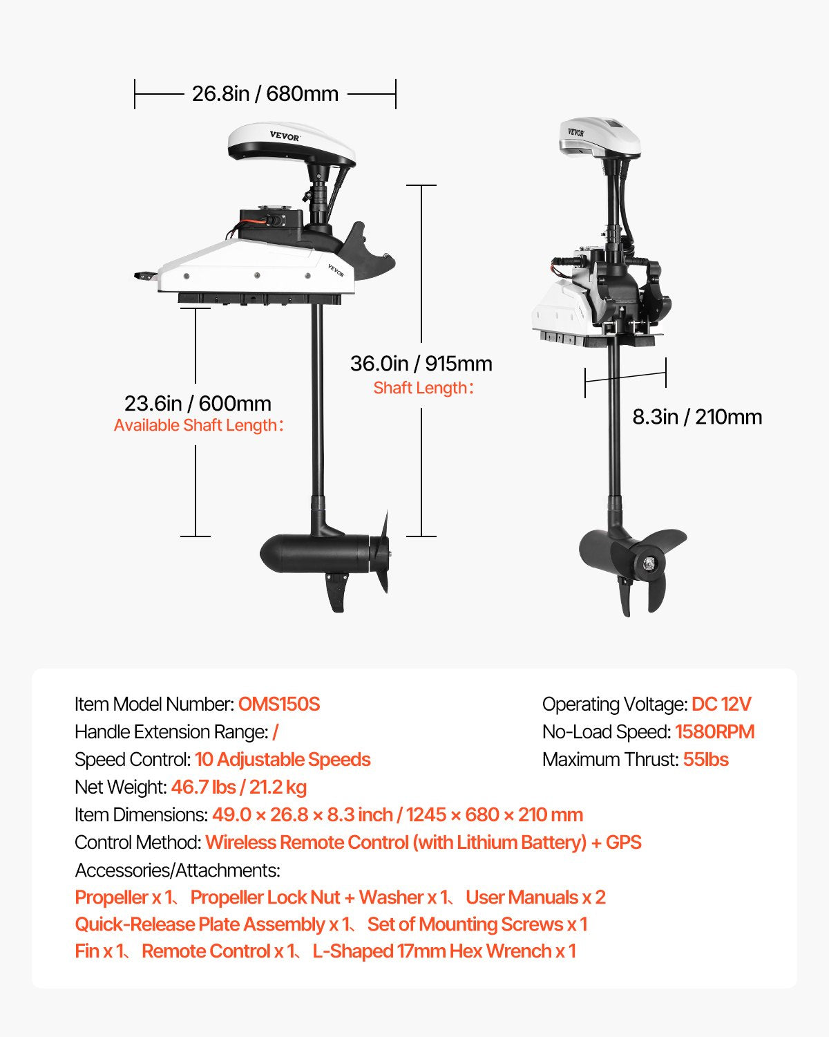 Electric Trolling Motor, 55lbs Thrust with GPS, 10-Speed Bow Mounted Saltwater Outboard Boat Motor with Remote Control & LCD Battery Indicator, for Kayaks, Fishing Boats, 36-Inch Shaft