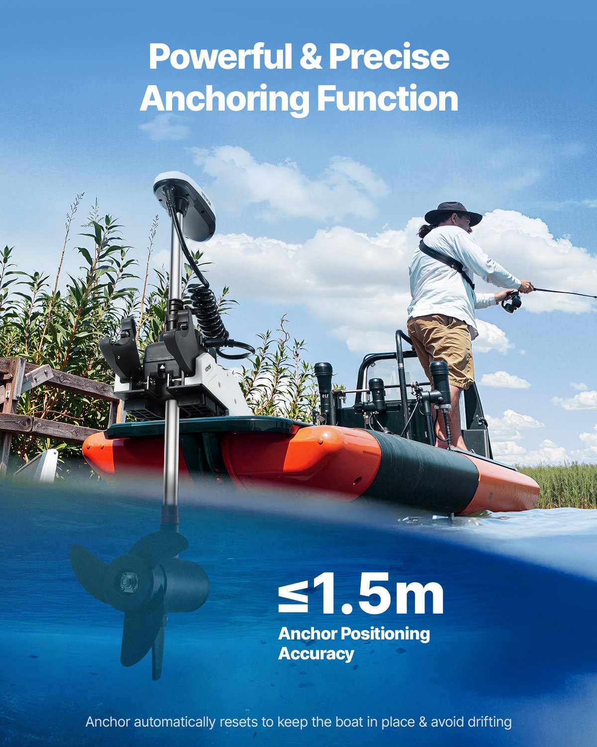 Elektrisk trollingmotor, 12V 55lbs dragkraft med GPS, 10-växlad bogmonterad utombordsmotor för saltvatten, fjärrkontroll och LCD-batteriindikator, för kajaker, fiskebåtar, 54-tums axel