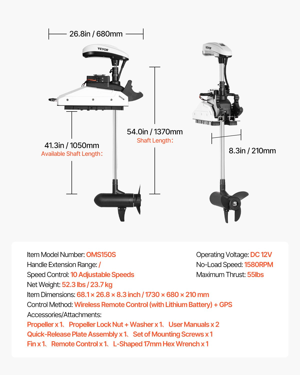 Elektrisk trollingmotor, 12V 55lbs dragkraft med GPS, 10-växlad bogmonterad utombordsmotor för saltvatten, fjärrkontroll och LCD-batteriindikator, för kajaker, fiskebåtar, 54-tums axel
