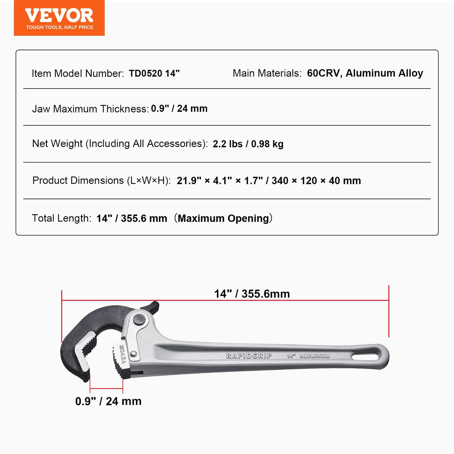 Rörtång, 14" rak rörtång i aluminium, automatisk käftjustering, justerbar rörmokeri, lätt att bära, ergonomiskt handtag, upphängbar design, för vattenrör, bilreparationer