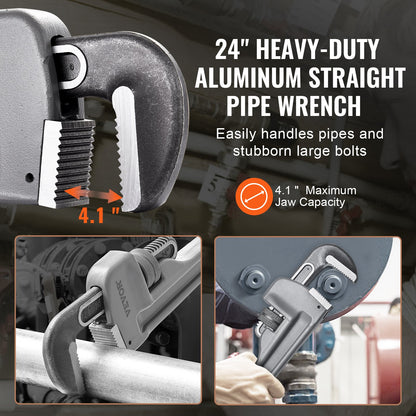 Rörtång, 24" rak rörtång i aluminium, justerbar VVS-nyckel, med höghållfast käft och ergonomiskt handtag, lätt att bära, hängbar design, för vattenrör, bilreparationer