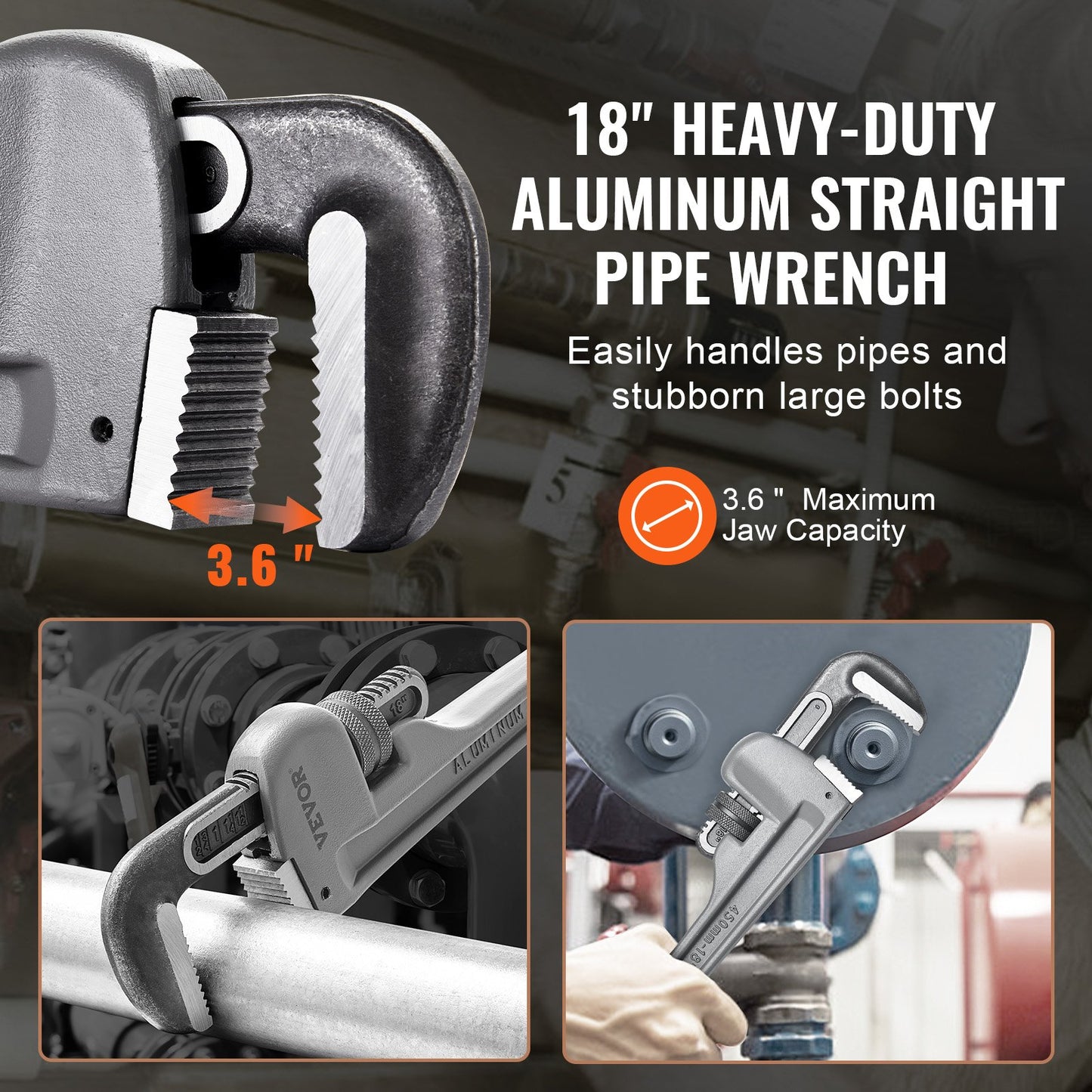 Rörtång, 18" rak rörtång i aluminium, justerbar VVS-nyckel, med höghållfast käft och ergonomiskt handtag, lätt att bära, hängbar design, för vattenrör, bilreparationer