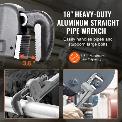 Rörtång, 18" rak rörtång i aluminium, justerbar VVS-nyckel, med höghållfast käft och ergonomiskt handtag, lätt att bära, hängbar design, för vattenrör, bilreparationer