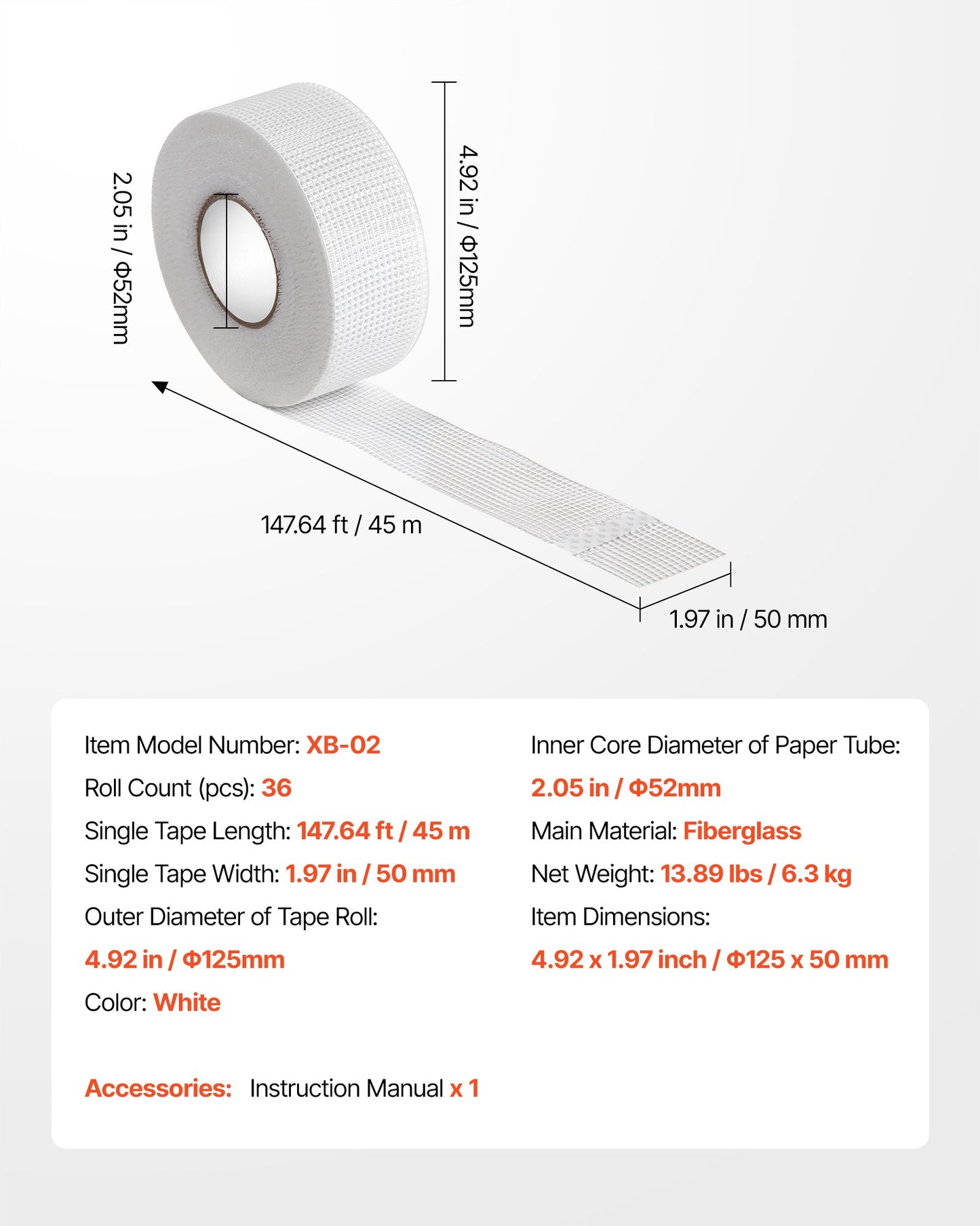 Drywall Mesh Tape, 50mm W x 45m L Self-Adhesive Fiberglass Drywall Joint Tape, 36 Rolls Dry Wall Patch for Easy Sheetrock Ceiling Crack Repair, to Achieve Smooth Even Wall Surface