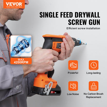 Drywall Screw Gun, 20V Max Drywall Screwgun, 4200RPM Brushless Cordless Drywall Gun Kit with 2 Battery Packs, Charger, Belt Clip, and Tool Bag, Forward and Reverse Adjustable, Built-in LED Light