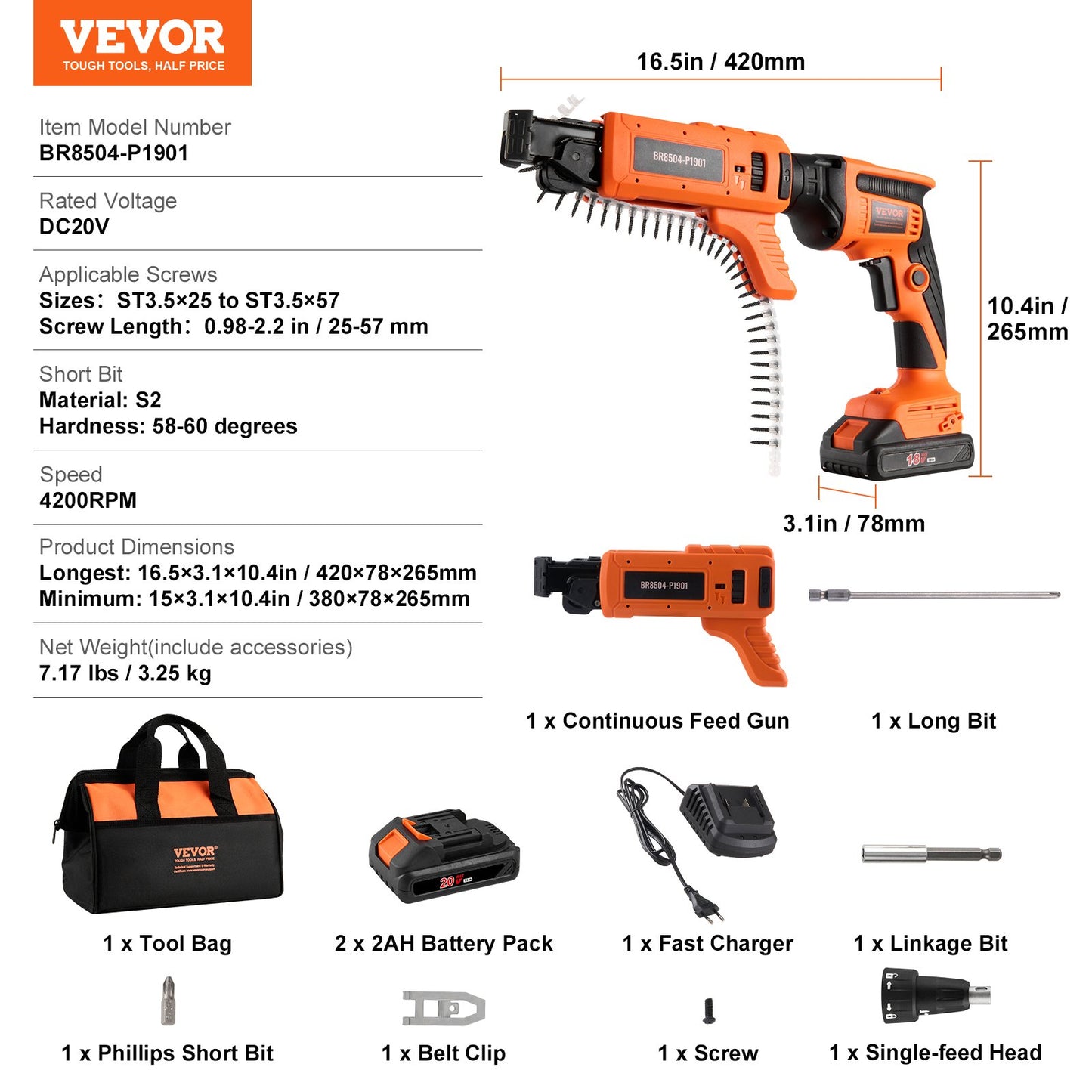 Drywall Screw Gun Auto-Feed, 20V Max Collated Drywall Screwgun, 4200RPM Brushless Cordless Drywall Gun Kit with 2 Battery Packs, Charger, Belt Clip, Tool Bag, Screw Length and Depth Adjustable